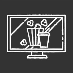 Movies and television chalk icon. Watching films, tv shows. Modern online video technology. Popcorn and drinks. E commerce department, shopping categories. Isolated vector chalkboard illustration