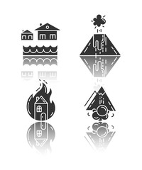 Natural disaster drop shadow black glyph icons set. Destructive force of Earth. Volcanic eruption, flood, fire, avalanche. Insurance case. Emergency management. Isolated vector illustrations