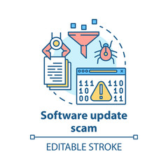 Software update scam concept icon. Computer hacking attack danger. Data theft. Software bugs and viruses. Cybercrime idea thin line illustration. Vector isolated outline drawing. Editable stroke