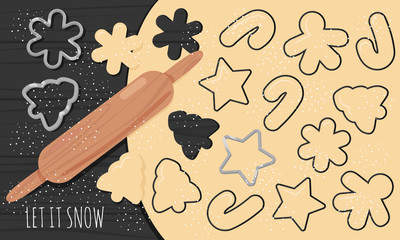 Vector Flat Illustration of Christmas Gingerbread on Wooden Texture Background. Concept of Cooking Master Class, Culinary Workshop, Top View. Template with Rolling Pin, Dough and Cutters for Banner