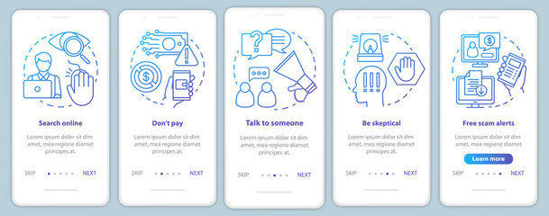 Scam prevention onboarding mobile app page screen vector template. Search online. Walkthrough website steps with linear illustrations. UX, UI, GUI smartphone interface concept