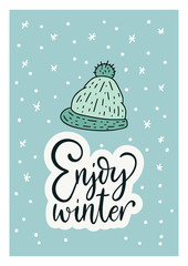 Naklejka premium Winter vector card. Hand Drawn Merry Christmas Cartoon Doodle art with lettering quote Enjoy winter.