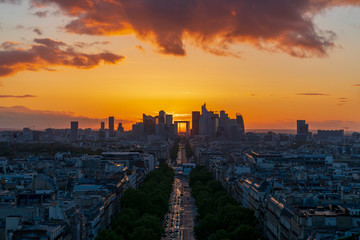 Paris La Defense skyline at twilight, sunset