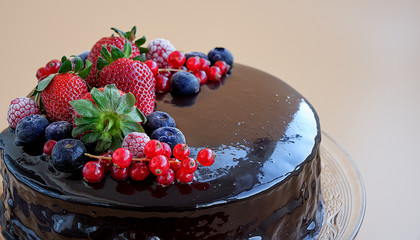 Close-up. Angular plane. Homemade Chocolate Cake. Chocolate bavaroise and chocolate topping garnished with strawberries, red currants and blueberries. Brown background.