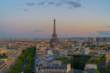 Paris skyline and Eiffel tower at dusk