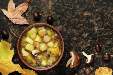 soup with mushrooms and chestnuts and potatoes. autumn soup. Italian and French food. copy space. top view. Flatlay