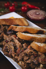 shredded beef on wood
