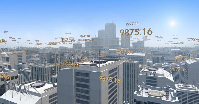 Digital Numbers Flying Over The 3D Metropolitan City - Camera Flight. Business And Economy Related 4K Computer Animation