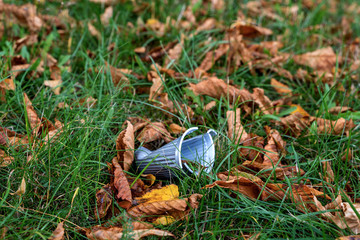 Remains plastic cup coffee autumn meadow green grass brown leaves
