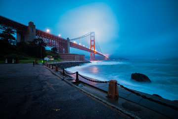 Golden Gate Bridge through a Winter Misty Night
