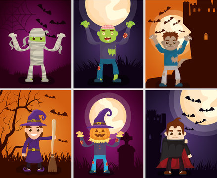 halloween dark scene with monsters characters