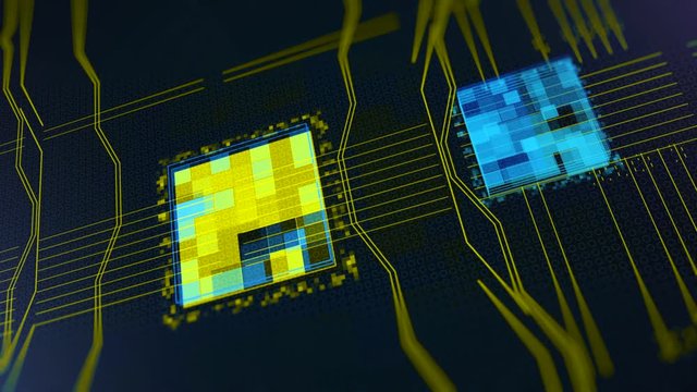 Processors CPU concept. Animation. Motherboard digital chip. Abstract animation of computer central processing unit CPU in digital cyberspace