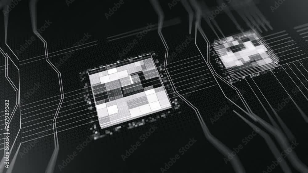 Poster monochrome animation of processors cpu. animation. motherboard digital chip. abstract animation of c