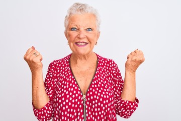 Senior grey-haired woman wearing red casual jacket standing over isolated white background celebrating surprised and amazed for success with arms raised and open eyes. Winner concept.