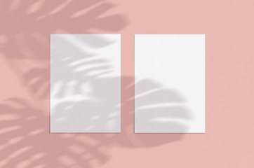 Blank white vertical paper sheet 5x7 on coral background with shadow overlay. Modern and stylish...
