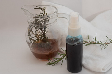 Homemade Rosmary extract or infusion, hair and scalp care cosmetic beauty products. herbal medicine concept. 