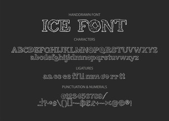 Hand drawn vintage vector alphabet ABC font with letters, numbers, symbols. For calligraphy, lettering, hand made quotes. Ice font with textured letters.