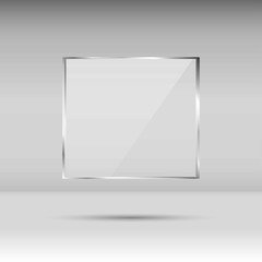 Blank, transparent vector glass plate. Photo realistic texture with highlights and glow. Window mockup.