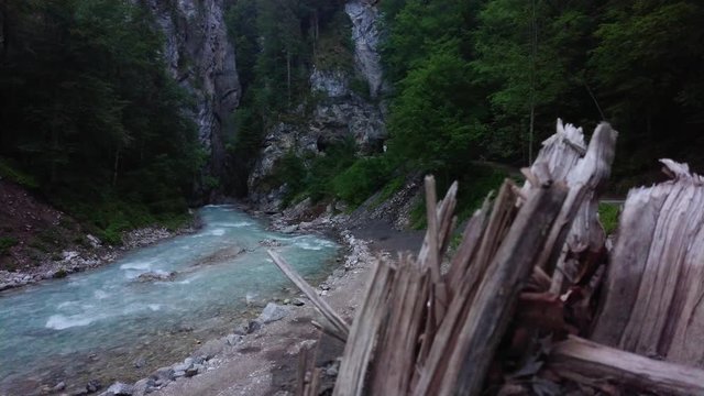 Water stream at entrance of the Partnach Gorge with tree stump on foreground.