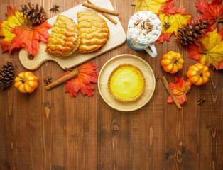 Thanks giving celebration food table top view,flat lay with copy space 