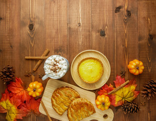 Thanks giving celebration food table top view,flat lay with copy space 