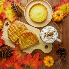 Thanks giving celebration food table top view,flat lay with copy space 