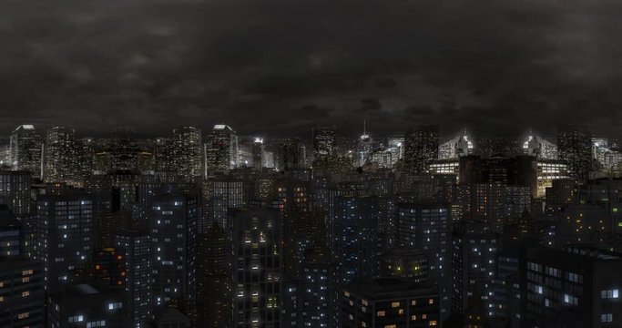 Calm Crowded Metropolitan City Aerial Camera Flight At Night Time. 4K 3D Timelapse Animation.