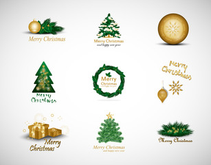 Christmas Logo And Elements Set - Isolated On Gray Background - Vector Illustration, Collection Of Xmas Icons For Label, Sticker, Christmas Tree Icon And Logo. Modern Merry Christmas Typography Vector