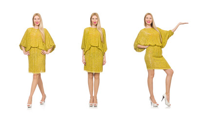 Pretty tall woman in yellow dress isolated on white
