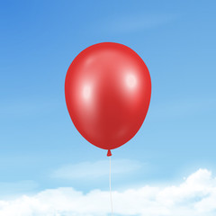 Fototapeta na wymiar Vector 3d Realistic Glossy Metallic Red Balloon Icon Closeup on Blue Sky Background with Clouds. Design Template of Translucent Baloon for Mockup. Anniversary, Birthday Party. Front View