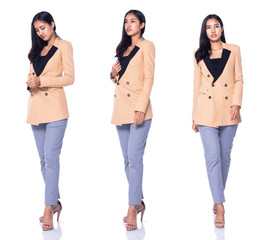 Obraz premium Full Length Snap Figure 20s 30s Asian Business Woman Stand in cream Formal proper Suit pants and high heel shoes, studio lighting white background isolated, collage group pack stand many pose