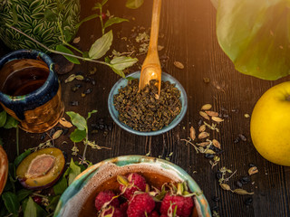 Preparation of the tea ceremony, tea in the bowl. Handmade cups