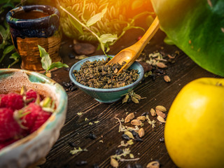 Preparation of the tea ceremony, tea in the bowl. Handmade cups