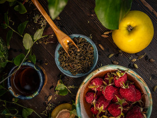 Preparation of the tea ceremony, tea in the bowl. Handmade cups