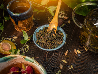 Preparation of the tea ceremony, tea in the bowl. Handmade cups