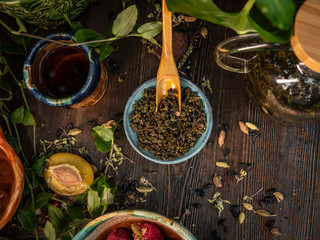Preparation of the tea ceremony, tea in the bowl. Handmade cups