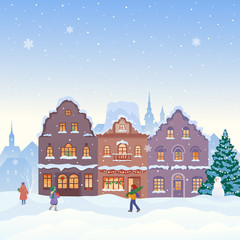 Christmas city background, snowy day street with people, old town buildings