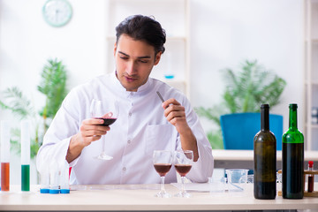 Male chemist examining wine samples at lab