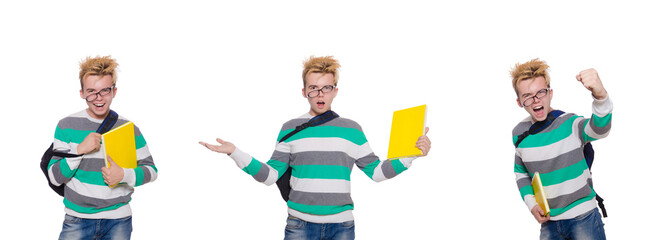 Funny student with books isolated on white