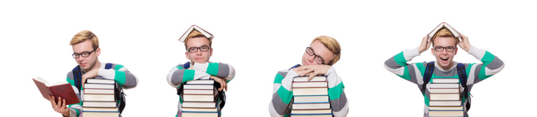 Funny student with stack of books