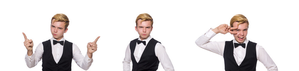 Young man in black classic vest isolated on white