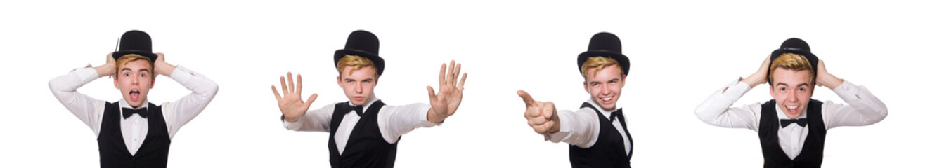 Magician with magic stick isolated on white