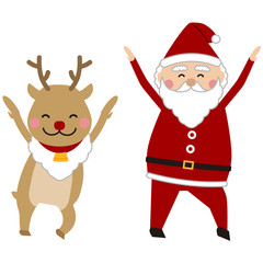 クリスマス　踊るサンタとトナカイ　両手を上げる