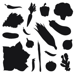 Vector set bundle of black flat vegetables silhouette isolated on white background
