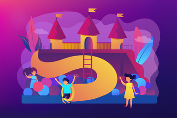 Obraz premium Happy children playing outdoors on playground with slides, balls and tubes, tiny people. Kids playground, kids zone, playground for rent concept. Bright vibrant violet vector isolated illustration