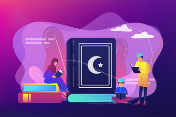 Muslim family in traditional clothes reading holy book Quran, tiny people. Five Pillars of Islam, Islamic calendar, Islamic culture concept. Bright vibrant violet vector isolated illustration