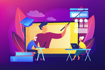 Webinar, Internet lesson. Distance university tutor, educator. Online learning for seniors, online courses for seniors, additional education concept. Bright vibrant violet vector isolated illustration