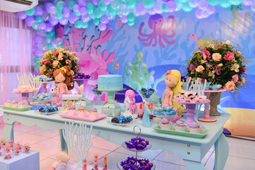 table with sweet cake and candles, children's party, table with cake and sweets, candy balls, birthday party, birthday table setting, party table setting, table setting, party hall, assembly room