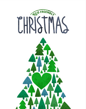 Merry Christmas Eco Card Of Green Watercolor Tree