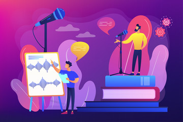 Elocution lesson. Speech improvement. Recording studio. Voice and speech training, voice projection techniques, improve your spoken skills concept. Bright vibrant violet vector isolated illustration